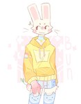 2023 anthro black_eyes blue_bottomwear blue_clothing blue_collar blue_shorts blush blush_lines bottomwear bunonthemoon clothing collar collar_tag fur hoodie lagomorph leg_warmers legwear leporid lgbt_pride looking_up male mammal pansexual_pride_colors pride_colors rabbit shorts signature simple_background slim_anthro slim_male solo topwear yellow_body yellow_clothing yellow_fur yellow_hoodie yellow_topwear