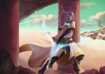 2012 armor arrow_(weapon) bag bow_(weapon) caltroplay chainmail cloud desert detailed_background female hair humanoid long_hair magic mask not_furry outside purple_eyes purple_hair ranged_weapon sky solo standing under_shade weapon zoya