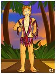 3:4 anthro felid fuze gesture grass_skirt hand_gesture hi_res lion lion_frat_dude_(fuze) male mammal mostly_nude outside palm_tree pantherine plant pose solo sunset thumbs_up tree