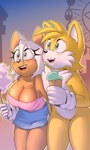 3:5 absurd_res amusement_park amusement_ride anthro bat big_breasts blush bottomwear breasts candy canid canine cleavage clothed clothing cotton_candy dessert duo female food fox gloves handwear hi_res ice_cream krazyelf male male/female mammal miles_prower rouge_the_bat sega skirt sonic_the_hedgehog_(series)