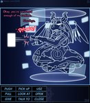 anthro artificial_intelligence big_breasts blue_body breasts claws dialogue digital_creature digital_media_(artwork) drxii english_text female floating glowing glowing_eyes hair hi_res horn kobold_quest kodebold non-mammal_breasts open_mouth patreon patreon_logo text text_box url wings