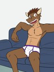 3:4 anthro biped bovid bovine briefs bulge bull_frat_dude_(fuze) cattle clothed clothing colored_seam_underwear furniture fuze hi_res male mammal nipples purple_seam_briefs purple_seam_underwear sitting sofa solo topless underwear white_briefs white_clothing white_underwear