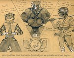 2018 ailurid ankle_wraps anthro asian_clothing balls bandito_(rickochet) biceps bodily_fluids bulge cheek_tuft clothed clothing comic detailed_bulge dialogue dripping ear_piercing ear_ring east_asian_clothing english_text erection faceoff facial_tuft felid fighting_pose flexing frown furrowed_brow genital_fluids genital_outline genitals gesture glare glistening glistening_hair grin group hair hair_over_eye hand_gesture harness hi_res holding_katana holding_melee_weapon holding_object holding_penis holding_sword holding_weapon horn humanoid humanoid_genitalia humanoid_penis imminent_fight imp injy_(thelastlonewolf) jacket japanese_clothing katana laugh male mammal masturbation melee_weapon monochrome muscular muscular_male narration notched_ear one_eye_obstructed open_mouth open_smile pantherine penile penile_masturbation penis penis_outline piercing pose precum precum_drip preparation procyonid raccoon red_panda ring_piercing sash sepia simple_background smile smug spiked_harness spikes spitting standing stripes sword tan_background text text_box textured_background thong tiger topwear triceps tuft tush_(artist) tush_(character) tygre underwear vest warrior weapon wraps wrist_wraps