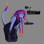 1:1 absurd_res bangs bioluminescence blue_body blue_skin braided_hair clothed clothing dialogue dress english_text female glowing hair heart_symbol hi_res humanoid not_furry purple_hair smile solo speech_bubble tail tailed_humanoid text thecore34