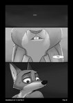 2022 ambiguous_gender anthro arm_tuft biped black_border border buckteeth canid canine cheek_tuft clothed clothing comic dialogue disney duo english_text facial_tuft female_(lore) fox foxxj hi_res judy_hopps lagomorph leporid male_(lore) mammal monochrome nick_wilde rabbit red_fox shoulder_tuft speech_bubble teeth text topless true_fox tuft zootopia