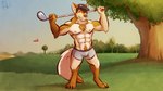 abs anthro armpit_hair biceps black_hair body_hair boxer_briefs brown_body brown_fur bulge canid canine canis cheek_tuft chest_tuft clothed clothing crotch_tuft digitigrade facial_tuft flag flexing flexing_bicep fur golf golf_club golf_course golf_tee hair hat headgear headwear hi_res male mammal muscular muscular_anthro muscular_male nails navel nipples pecs plant pose robotic_ear sky smile solo sport tail teeth topless topless_male tree tuft underwear ventkazemaru wolf