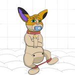 ambiguous_gender anthro bdsm bondage bound collar diaper eevee gag generation_1_pokemon heterochromia hi_res moistmolasses muzzle_(object) muzzled nintendo onsie pacifier pacifier_gag padded_room pokemon pokemon_(species) restraints solo spreader_bar straitjacket