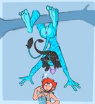 4_fingers 4_toes absurd_res alien anthro anus balls bedroom_eyes big_feet black_hair blue_anus blue_background blue_balls blue_body blue_perineum blue_skin blue_stripes blush blush_lines butt clothing darkened_anus duo feet felid fingers genitals hair hair_over_eye half-closed_eyes hanging_upside_down hi_res human humanoid_feet humanoid_pointy_ears james_cameron's_avatar male mammal mask medical_instrument na'vi narrowed_eyes nude nude_male one_eye_obstructed orange_hair oxygen_mask perineum plantigrade pointy_ears raised_tail scientific_instrument seductive shirt simple_background smile smirk smug smug_face striped_body striped_skin stripes tail tail_anus tail_tuft tank_top toes topwear tuft upside_down wide_eyed xing1