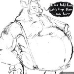 1:1 2022 anthro belly belly_hair big_belly body_hair bottomwear clothing deer english_text hi_res kent_(pacific_coyote) male mammal monochrome musclegut muscular nipples overweight pacific_coyote pants sketch solo speech_bubble suspenders text wide_hips