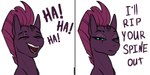 2:1 2_panel_comic anthro blue_eyes broken_horn comic dialogue english_text equid equine eye_scar eyes_closed facial_scar female friendship_is_magic hair hasbro hi_res horn kirasunnight laugh mammal my_little_pony my_little_pony:_the_movie_(2017) mythological_creature mythological_equine mythology open_mouth open_smile purple_body purple_hair scar simple_background smile solo tempest_shadow_(mlp) text unicorn white_background