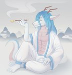 anthro blue_hair clothing digital_media_(artwork) dragon ear_piercing ear_ring eastern_dragon eyes_closed hair horn male mountain_range mythological_creature mythological_scalie mythology piercing pipe ring_piercing scalie solo tail tanatos_aaa