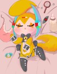 absurd_res ambiguous_gender anthro baby_bottle bawu bawu_(character) bed bell bell_collar bib bodily_fluids bottle bow_tie collar container drooling eyes_closed fur furniture hi_res nipples pacifier saliva sexy_underwear sleeping solo toy yellow_body yellow_fur