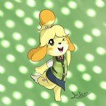 1:1 2019 animal_crossing anthro bell bell_accessory black_nose black_sclera blonde_hair blue_bottomwear blue_clothing blue_skirt bottomwear button_(fastener) canid canine canis cel_shading clothing colored digital_media_(artwork) dipstick_tail domestic_dog eyelashes female green_background green_clothing green_topwear green_vest hair hi_res isabelle_(animal_crossing) jollythinker looking_at_viewer mammal markings nintendo one_eye_closed open_mouth open_smile pawpads pink_pawpads pink_tongue red_hairband red_mouth shaded shih_tzu signature simple_background skirt smile smiling_at_viewer solo tail tail_markings tan_tail_tip teeth tongue topwear toy_dog vest white_eyes wink winking_at_viewer yellow_body yellow_ears yellow_tail