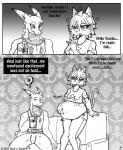 2016 anthro belly big_belly breasts clothed clothing comic disappointed dragon english_text felid female grey_background hi_res if_hell_had_a_taste male mammal marci_hetson monochrome mythological_creature mythological_scalie mythology scalie scar simple_background skylar_fidchell slightly_chubby tail text viroveteruscy