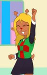 anthro blonde_hair buckteeth checkered checkered_clothing clothing dancing deer deltarune eyes_closed female freckles hair hi_res hitsuji mammal noelle_holiday pattern_clothing red_nose simple_background solo teeth undertale_(series)