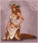 animal_humanoid aries_(symbol) aries_(zodiac) astrological_symbol big_breasts border bovid bovid_humanoid breasts caprine caprine_humanoid clothing female goat_humanoid hair harpyqueen hi_res hooves horn humanoid kneeling mammal mammal_humanoid personification pink_border red_hair satyr solo symbol toga watermark western_zodiac western_zodiac_symbol yellow_eyes