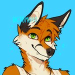 0ct0m0n0 1:1 anthro arm_tuft black_ears blue_background bust_portrait canid canine cheek_tuft closed_smile clothed clothing facial_tuft fangs fox green_eyes hair looking_at_viewer male mammal mouth_closed neck_tuft orange_hair portrait short_hair shoulder_tuft simple_background smile solo teeth topwear tuft white_clothing white_inner_ear white_topwear