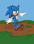 2024 3_toes absurd_res anthro blue_body blue_fur clothing eulipotyphlan feet footwear fur gloves grass green_eyes handwear hedgehog hi_res looking_down male mammal mud paws plant quills_(anatomy) sandals sega shoes sky solo sonic_the_hedgehog sonic_the_hedgehog_(series) stuck_in_mud tail toes tracy_yardley white_clothing white_gloves white_handwear