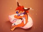 2021 artist_name blue_body blue_fur blue_pawpads canid canine digital_media_(artwork) duo eyes_closed fennec_fox fox fur hug hyilpi ilpion_(hyilpi) kizu_the_wolf light lighting mammal orange_body orange_fur pawpads plushie simple_background sitting true_fox white_body white_fur