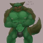 1:1 abs anthro bikini_thong blush breasts brown_body bulge canid canine canis claws clothed clothing dialogue digital_media_(artwork) domestic_dog embarrassed english_text fur genitals german_shepherd green_body green_eyes hair herding_dog hi_res male mammal muscular muscular_anthro muscular_male nipples open_mouth pastoral_dog penis poking pubes rhox rhox_(character) shaded simple_background solo standing swimwear tail tail_motion tailwag text thick_thighs thong thong_only topless underwear underwear_only