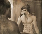 2021 abs alternate_species anthro artofneight attack_on_titan avian beak biped bottomwear clothed clothing digital_media_(artwork) digital_painting_(artwork) eren_yeager hair half-length_portrait looking_at_mirror looking_at_object male mirror monochrome navel nipples pants ponytail portrait reflection sepia solo topless wet