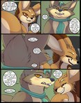 2022 base_three_layout blockage_(layout) blush brown_body brown_eyes brown_fur canid canine canis colored comic dialogue digital_media_(artwork) dire_wolf duo english_text fennec_fox feral fluffy fluffy_tail flustered four_frame_image fox fur hi_res horizontal_blockage kuroodod male male/male mammal necktie plant plant_clothing prehistoric_species profanity pupils raised_tail sam_(changing_fates) size_difference slit_pupils smug smug_expression smug_face smug_grin tail text three_row_layout true_fox wide_hips wolf wrath_(changing_fates)