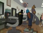 2024 anthro barber barber_chair barber_shop biped black_body black_fur blonde_hair blue_eyes boots brown_body brown_fur canid canine canis chair clothing dallas_(matchattea) detailed_background digital_media_(artwork) domestic_cat domestic_dog felid feline felis female footwear fully_clothed_anthro fully_clothed_female fur furniture german_shepherd gloves group hair handwear herding_dog inside looking_at_viewer male mammal matchattea multicolored_body multicolored_fur open_mouth open_smile pastoral_dog shoes smile smiling_at_viewer whiskers