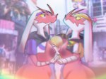 alternate_breast_size anthro areola big_breasts blaziken breasts clothed clothing eye_contact female generation_3_pokemon group hand_holding holowear_(pokemon) human looking_at_another male male/female mammal mixed_media nintendo nipples orange_unite_style_blaziken outside pantsless photo_background photography_(artwork) pokemon pokemon_(species) pokemon_unite purple_unite_style_blaziken red_areola red_nipples size_difference smaller_human smaller_male tapirclip trio volo_(pokemon)