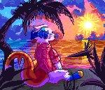 2020 aloha_shirt anthro beach bird_of_paradise_(flower) blue_body blue_fur blue_inner_ear blue_nose bottomless canid canine canis cel_shading clothed clothing cloud crocodile crocodilian crocodylid detailed_background digital_media_(artwork) digitigrade feet fin fish flower full-length_portrait fur hybrid jaspering low_res male mammal marine outside palm_tree pattern_clothing pattern_shirt pattern_topwear pink_clothing pink_shirt pink_topwear pixel_(artwork) plant portrait rear_view reptile rolled_up_sleeves rooney_(jaspering) scalie sea shaded shark shirt sitting sky snout solo sun sunset tail tail_fin topwear trans_(lore) trans_man_(lore) tree tropical water wolf yellow_tail