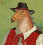 2023 anthro beak black_clothing black_hat black_headwear blue_spines brown_eyes bust_portrait clothed clothing cowboy cowboy_hat digital_media_(artwork) digital_painting_(artwork) dinosaur dyna_soar farmer folk_clothes france green_background hat headgear headwear hi_res impressionist_background kerchief looking_at_viewer male markings neckerchief orange_body orange_markings ornithischian plates_(disambiguation) pointillism portrait post-impressionism prehistoric_species rancher red_clothing red_kerchief red_neckerchief red_topwear red_vest reptile scalie shirt signature simple_background solo spines stegosaurian stegosaurus three-quarter_portrait thyreophoran topwear traditional_dress vest white_clothing white_shirt white_topwear