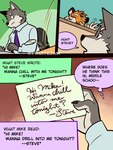 3:4 anthro canid canine canis claws clothed clothing comic countershade_face countershade_fur countershading dialogue duo english_text eyebrows felid fingers fruitz fur grey_body grey_fur hi_res male mammal mike_(fruitz) misunderstanding multiple_scenes necktie pantherine steve_(fruitz) text thought_bubble tiger wolf