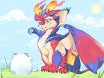 4:3 cloud dragon duo feral fire grass hi_res league_of_legends membrane_(anatomy) membranous_wings mythological_creature mythological_scalie mythology plant poro poro_(lol) quadruped riot_games scalie sir_frederick smile smolder_(lol) sun tail tencent wings young young_feral