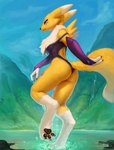 2018 3_toes absurd_res anthro armwear backless_clothing backless_swimsuit bandai_namco barefoot black_pawpads black_sclera blue_eyes breasts butt butt_pose canid canine claws clothed clothing curling_toes detailed_background digimon digimon_(species) digital_media_(artwork) digitigrade exposure_variation feet female fur hi_res highleg long_legs looking_at_viewer looking_back mammal mountain neck_tuft one-piece_swimsuit open-back_swimsuit outside pawpads photonoko pose rear_view renamon slim soles solo sport_swimsuit standing swimwear thick_thighs toes tuft water wet yellow_body yellow_fur