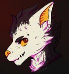 anthro black_hair canid fur hair headshot_portrait hi_res lionfloof looking_at_viewer male mammal mouth_closed portrait red_eyes short_hair side_view signature solo white_body white_ears white_fur yellow_inner_ear yellow_nose yellow_sclera