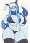 2022 ?! anthro big_breasts bikini blue_body blue_hair blush breasts camel_toe clothed clothing eeveelution eyewear eyewear_on_head female generation_4_pokemon glaceon goggles goggles_on_head hair hi_res huge_breasts legwear nintendo pokemon pokemon_(species) ponytail solo swimwear tailzkim two-piece_swimsuit