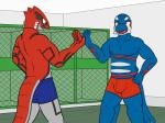 2016 4:3 anthro anthrofied battle big_bulge bottomwear bulge cetacean clothed clothing comic digital_media_(artwork) duo fuze generation_3_pokemon gordon_(fuze) groudon gym hi_res inside kyogre legendary_pokemon locker_room male male/male mammal marine nintendo open_mouth pokemon pokemon_(species) pokemorph shorts standing topless