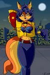 anthro belt blue_hair bottomwear breasts canid canine carmelita_fox cleavage clothed clothing collar corset eshbaal female fox fur gloves gun hair handwear hi_res holding_object jacket lingerie looking_at_viewer mammal moon night open_mouth orange_body orange_eyes orange_fur outside pants ranged_weapon sly_cooper_(series) solo sony_corporation sony_interactive_entertainment sucker_punch_productions topwear weapon