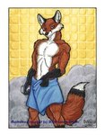 2000 anthro black_nose blue_towel border brown_body brown_fur canid canine colored_pencil_(artwork) fox fur holding_soap lonnie_dinello looking_at_viewer low_res male mammal pecs portrait red_fox shaded snout solo standing tail three-quarter_portrait towel towel_around_waist towel_only traditional_media_(artwork) true_fox white_body white_border white_fur