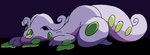 all_fours ambiguous_gender belly curled_tail cyanzangoose flygon_(artist) generation_6_pokemon goodra green_eyes male_(lore) nintendo pokemon pokemon_(species) purple_background purple_belly purple_body simple_background sneaking solo tail