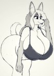 2024 absurd_res anthro big_breasts biped bottomless breasts canid canine canis clothed clothing dripdry ears_up female hair herro hi_res huge_breasts jackal leaning leaning_forward long_hair mammal monochrome overweight overweight_anthro overweight_female raised_tail sepia solo standing tail thick_thighs wide_hips