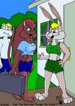 2001 anthro blonde_hair blue_eyes bottomwear breasts brown_body brown_fur buckteeth building clothed clothing domestic_cat english_text felid feline felis female fur group hair house joy_bunny kthanid_(artist) lagomorph leporid long_hair male mammal martin_mink mink mustelid musteline nipple_outline open_mouth pink_nose rabbit red_hair rutwell_forest serenakty shirt shorts tail tan_body tan_fur tank_top teeth text toony topless topwear trio true_musteline white_body white_fur