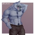 1:1 2024 abs anthro barazoku biceps big_muscles biped black_sclera canid canine canis death_(puss_in_boots) dreamworks fur fuzzwalloo grey_body grey_fur hi_res licking licking_lips looking_at_viewer male mammal muscular muscular_anthro muscular_male pants_only pecs puss_in_boots_(dreamworks) red_eyes shirtless_anthro shirtless_male solo tongue wolf