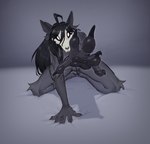 2024 5_fingers anthro bed black_body black_fur black_hair black_pawpads bone breasts canid canine claws eyelashes female finger_claws fingers fur furniture genitals hair hi_res knee_tuft kneeling lc79510455 leg_tuft long_hair looking_at_viewer mal0_(species) malo mammal naturally_censored nude on_bed pawpads pussy reaching_towards_viewer scp-1471 scp-1471-a scp_foundation simple_background skull skull_head solo tuft white_eyes