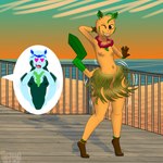 1:1 absurd_res anklet anthro anthrofied beach blue_body blue_fur blue_hair breasts brown_body brown_eyes brown_fur clothed clothing cutaway dancing duo ear_piercing ear_ring eeveelution expression_cutaway female flower_garland fur generation_4_pokemon genitals glaceon grass_skirt green_body green_fur hair heart_eyes heart_symbol hi_res hula_dancer innie_pussy jewelry leafeon lei lisa_devellis marissa_reinhart motion_lines navel nintendo nipples one_eye_closed piercing plump_labia pokemon pokemon_(species) pussy ring_piercing scoutthecat02 sea small_breasts smile sunset tail tail_motion tailwag tan_body tan_fur topless water wink