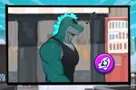 3:2 anthro brawl_stars buzz_(brawl_stars) buzzilla_(brawl_stars) canyne_khai clothed clothing countershade_face countershade_neck countershade_torso countershading eyebrows green_body male muscular muscular_anthro muscular_male musical_note musical_symbol scalie solo supercell_(company) symbol