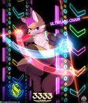 2019 absurd_res ambiguous_gender anthro bemani canid canine canis colorful_theme combo_meter confident detailed_background gameplay_mechanics hair hi_res japanese_wolf konami laser mammal marou midair number purple_eyes purple_hair recently_extinct_species rhythm_game senz solo sound_voltex text url wolf y2k_(graphic_design)