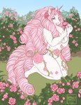 2019 anthro blue_sky closed_smile equid equine female floral_markings flower hair hi_res holding_flower holding_object holding_rose horn kneeling long_hair mammal markings mouth_closed mythological_creature mythological_equine mythology nude pink_eyes pink_hair pink_horn pink_rose pink_tail plant rose_(flower) shrub sky slightly_chubby slightly_chubby_anthro slightly_chubby_female smile solo tail tiggybloom unicorn white_body white_horn