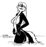 2023 anthro bikini black_and_white clothing ear_piercing ear_ring female fur hair hi_res kelly_o'dor long_hair looking_at_viewer mammal mephitid monochrome partially_submerged piercing ring_piercing skunk solo swimwear tegerio two-piece_swimsuit zandar's_saga