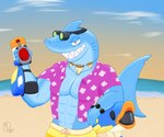 2024 aloha_shirt anthro arm_cannon beach bio_exo_arena_suit_team blue_body bottomwear bracelet clothing cloud detailed_background eyewear finn_(bio_exo_arena_suit_team) fish gills goggles hi_res jewelry male marine monodreams no_sclera outside pants pattern_clothing pattern_shirt pattern_topwear pink_clothing pink_shirt pink_topwear pupils shark shark_tail shark_tooth_necklace sharp_teeth shirt signature slit_pupils smile smiling_at_viewer solo sunset swimming_trunks swimwear teeth topwear toy toy_gun yellow_bottomwear yellow_clothing yellow_pants