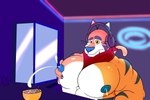 3:2 abs anthro big_pecs blue_nipples blush bodily_fluids electronics felid frosted_flakes headphones hi_res kellogg's lactating male male_lactation mammal mascot muscular nipples pantherine pecs raccoon_mints scarf solo tiger tony_the_tiger